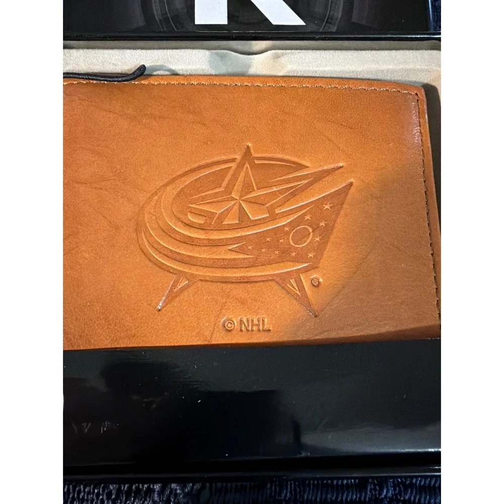 NHL Columbus Blue Jackets Rico Industries Tan Leather Bifold Wallet in Gift Tin
